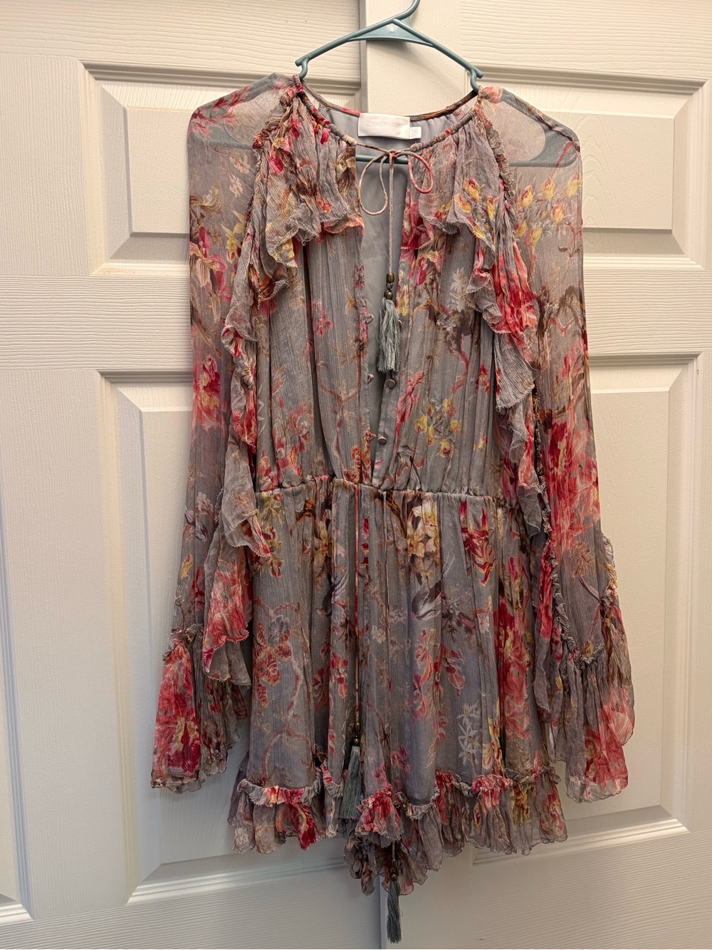 Zimmermann Lavender Floral Ruffle Long-Sleeve Mini Dress